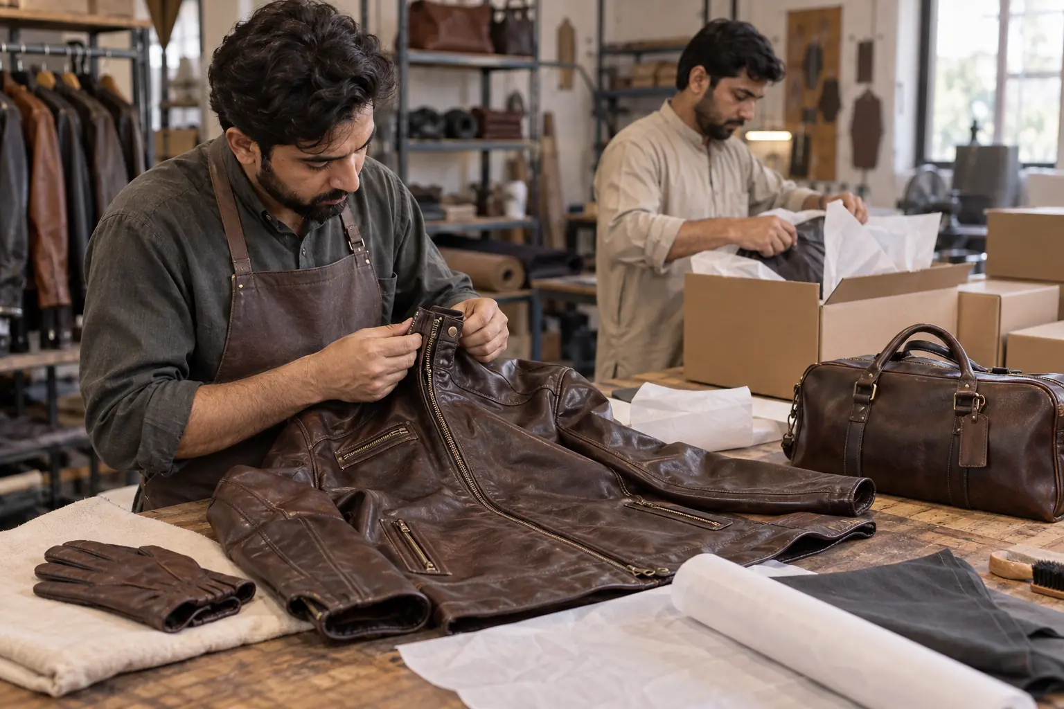 Pakistani leather workshop team inspecting and packing finished goods